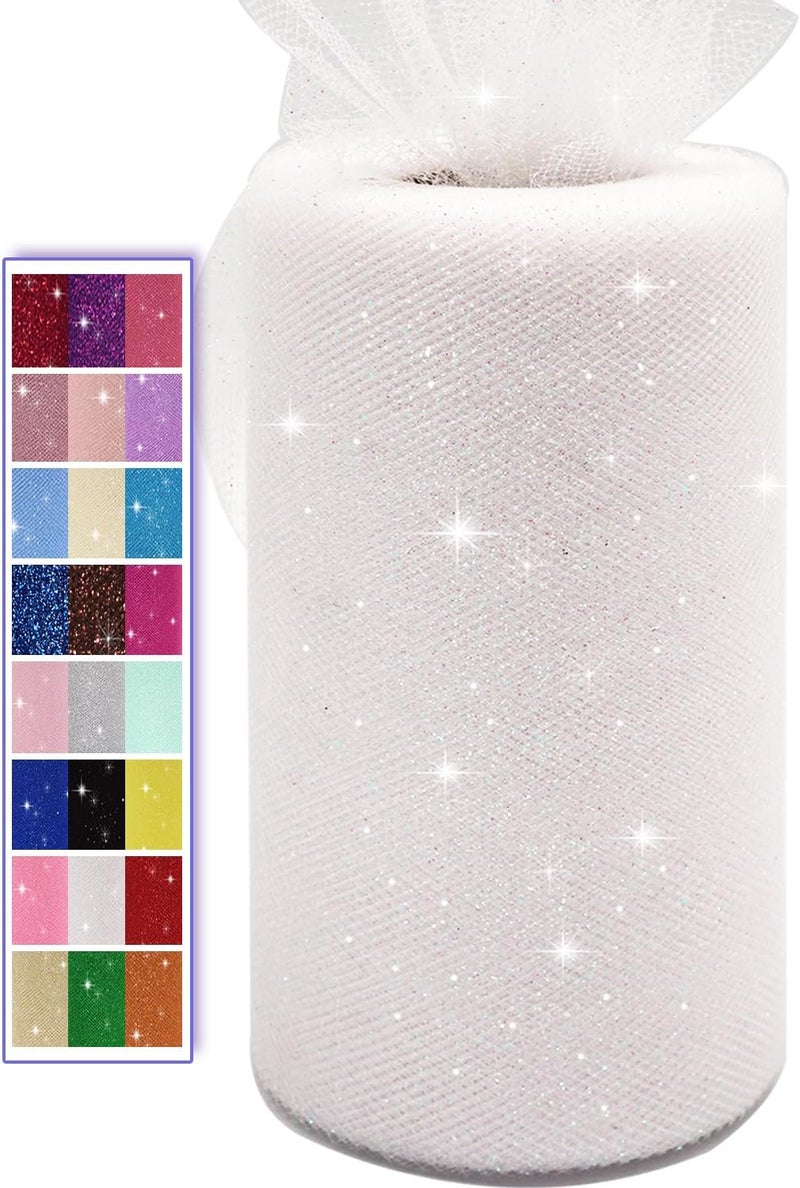 Ableme Deco Glitter Tulle Fabric Rolls, 6 Inch 50 Yards (150ft) Sparkling Spool Ribbon Sequin Netting for Tutu Skirt Gift Wrapping Wedding Party Decoration (White) - Image 1